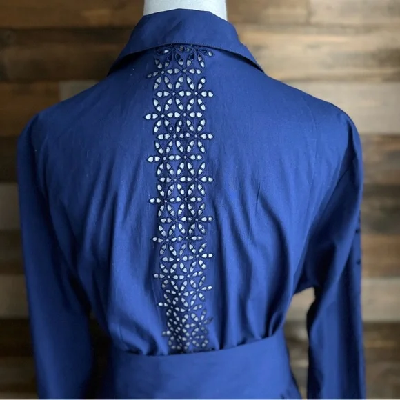 ME+EM Blue Cotton Broderie Shirt Dress Belted Maxi Eyelet Hem US 8 Quiet Luxury - Picture 10 of 16